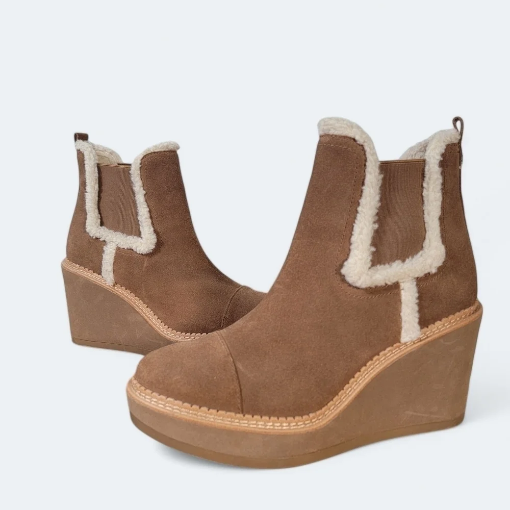 Sam Edelman Reagan Brown Suede Wedge Ankle Boots With Sherpa Trim Size 10